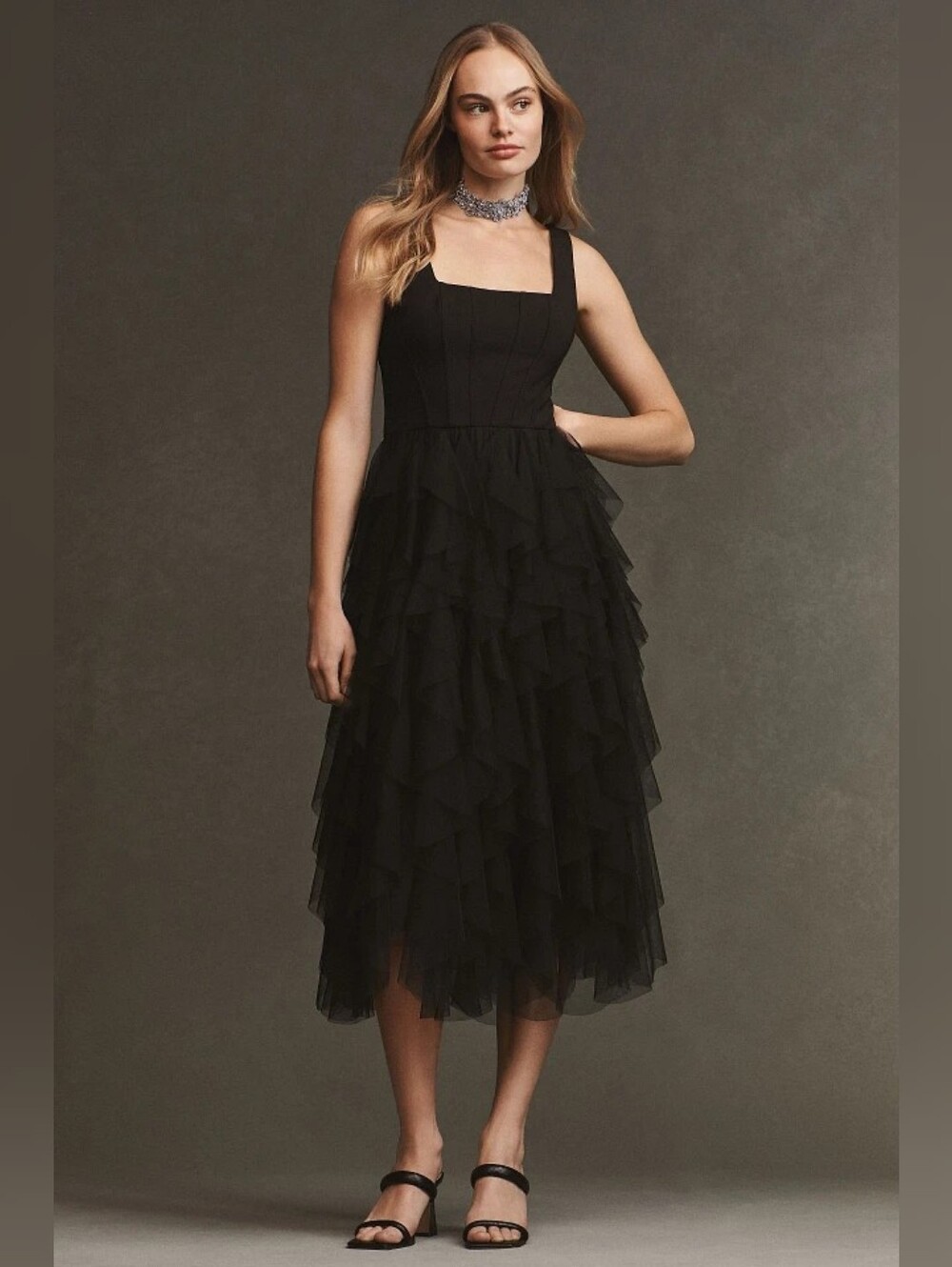 NWT Bhldn Talia Anthropologie Black Tulle Square Neck Corset Dress sz L